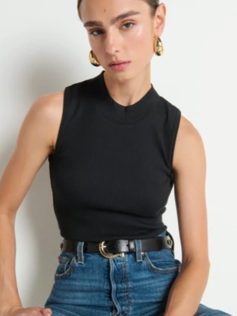 Nation Joan Ribbed Mock Neck Tank Top in Black 90s Minimalist Chic Women's S - Picture 3 of 10